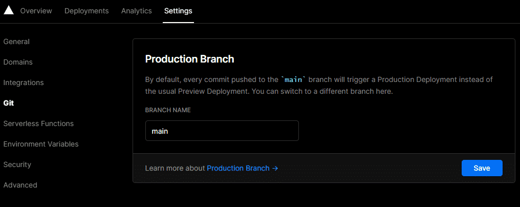 Vercel project settings -> git -> production branch